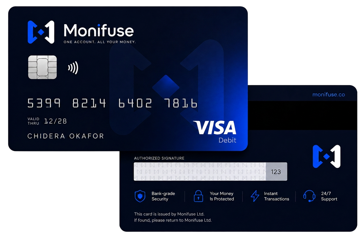 Monifuse Visa Debit card, front and back
